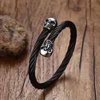 Black Steel Twisted Cable Cuff Double Skull Bracelet-316 Stainless Steel Bracelet-Wild Saints Co.