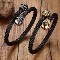 Black Steel Twisted Cable Cuff Double Skull Bracelet-316 Stainless Steel Bracelet-Wild Saints Co.