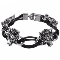 Wolf Heads Leather Bracelet-Leather Bracelet-Wild Saints Co.