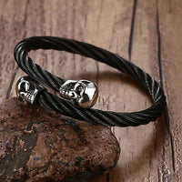 Black Steel Twisted Cable Cuff Double Skull Bracelet-316 Stainless Steel Bracelet-Wild Saints Co.
