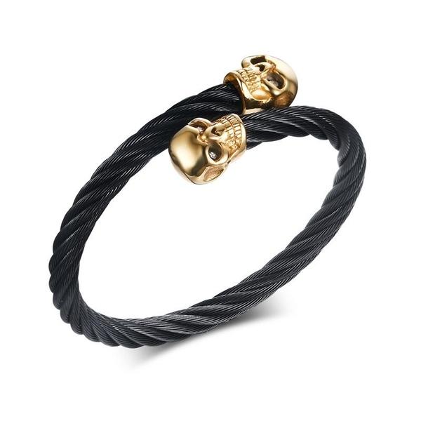 Black Steel Twisted Cable Cuff Double Skull Bracelet-GOLD-316 Stainless Steel Bracelet-Wild Saints Co.