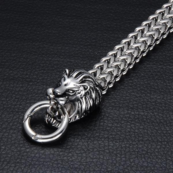 Double Lion's Head Foxtail Box Link Bracelet-316 Stainless Steel Bracelet-Wild Saints Co.