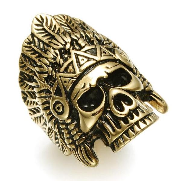 Indians Chief Skeleton Skull Ring-GOLD-316 Stainless Steel Ring-Wild Saints Co.
