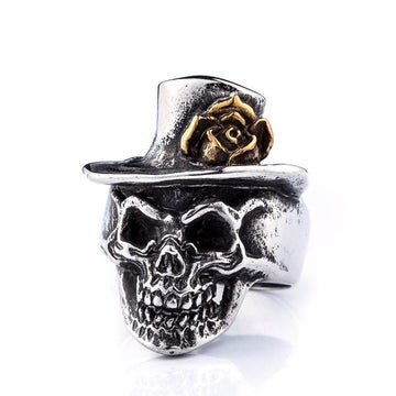 Skull With Gold Rose Flower Hat Ring-316 Stainless Steel Ring-Wild Saints Co.