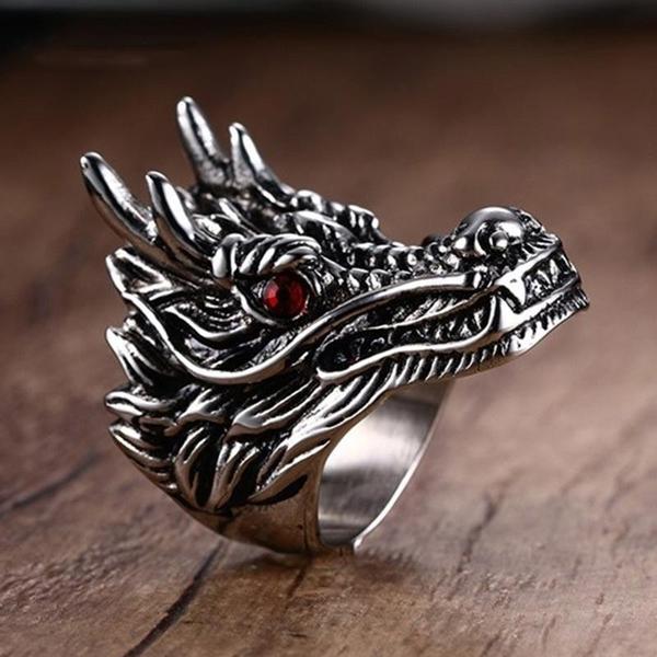 Steel Dragon with Red Eyes Ring-316 Stainless Steel Ring-Wild Saints Co.