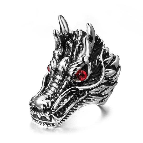 Steel Dragon with Red Eyes Ring-8-316 Stainless Steel Ring-Wild Saints Co.