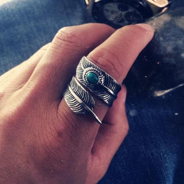 Wrap-Around Turquoise Stone Feather Ring-316 Stainless Steel Ring-Wild Saints Co.